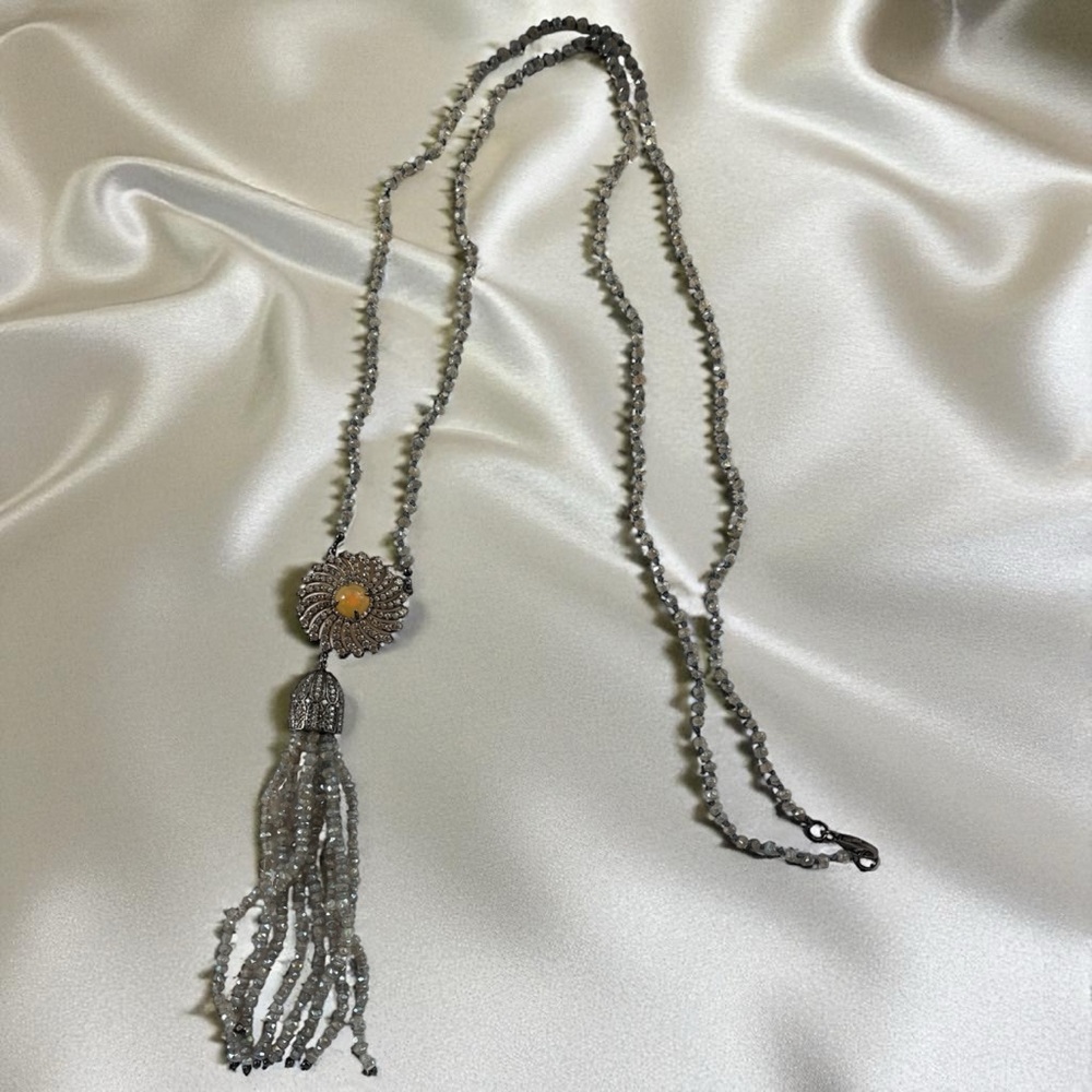 Labradorite Beaded Necklace with Tassel & Large Opal Accent